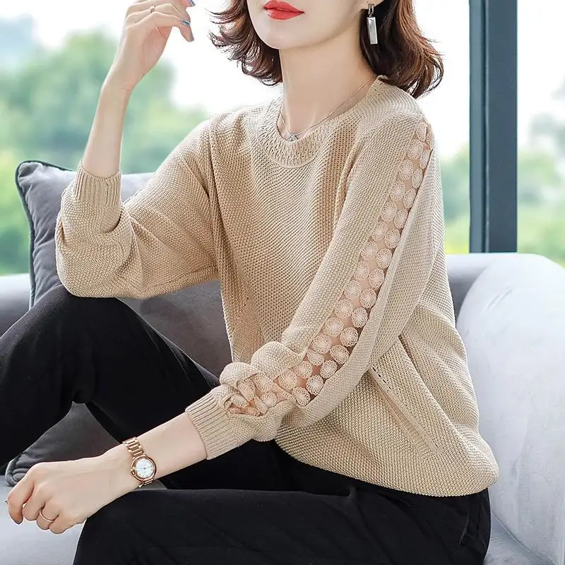 

2022 New Spring Splice Lace Knitted Top Korean Loose Round Neck Hollow Sweater Women