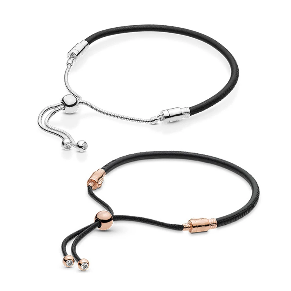 

Fits Pandora 925 Sterling Silver Black Leather Cord Telescopic Bracelet Cord for Women's Banquet or Anniversary Gift