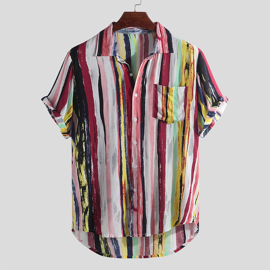 

Summer Linen Shirt Men Hip Hop Sstreetwear Striped Shirts Short Sleeve Button Up Blouse Male Fashion Casual Shirts Beach