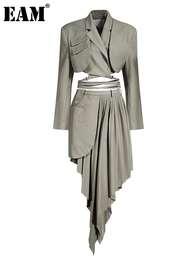 [EAM]  Half-body Skirt Gray Pleated Irregular Two Pieces Suit New Lapel Long Sleeve Loose Women Fashion Spring Autumn 2022 1X728