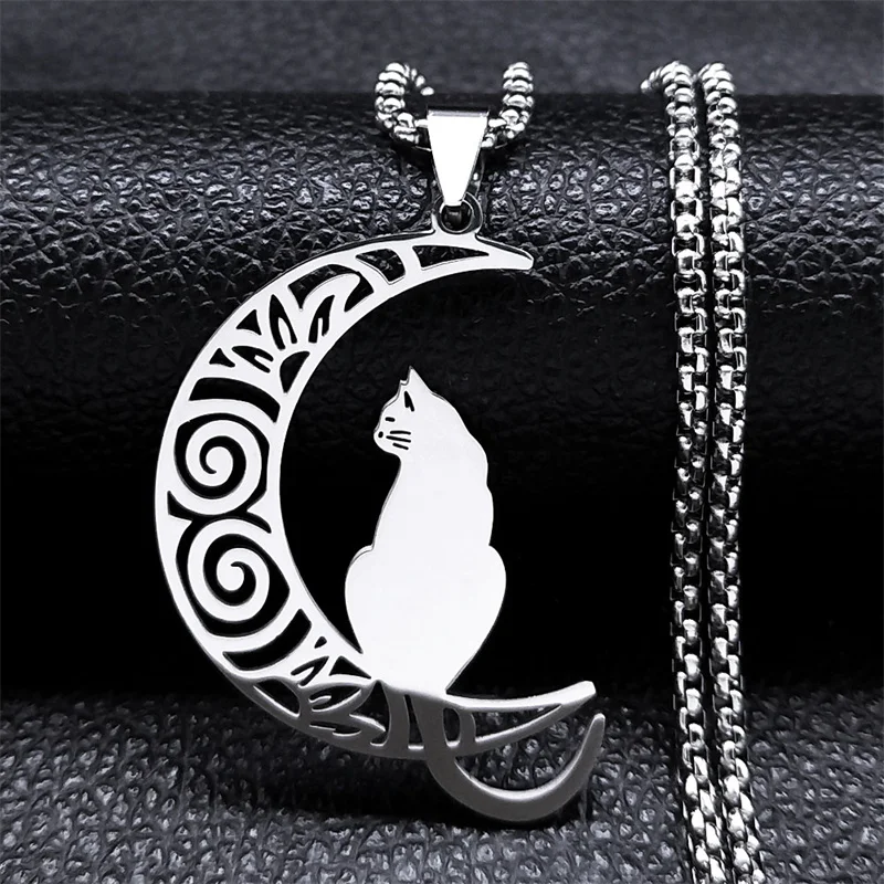 

Moon Cat Pendant Necklace for Women Men Stainless Steel Crescent Kitty Lucky Chain Necklaces Aesthetic Jewelry acero inoxidable