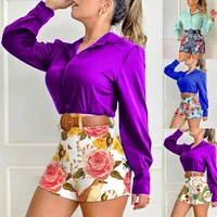 spring summer 2022 new womens two piece long sleeve shirt with printed shorts set with belt