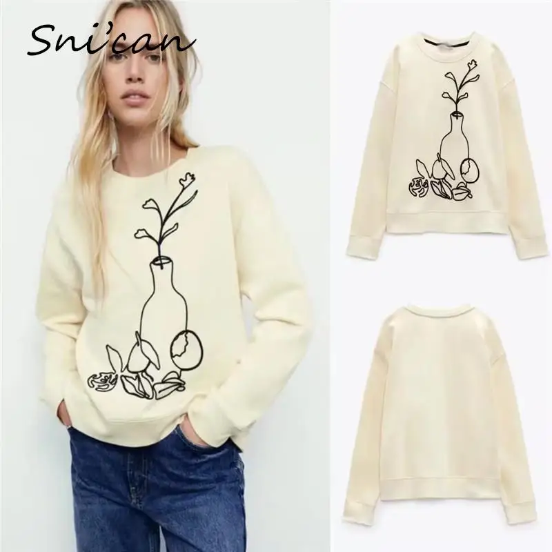 

Floral Bottle Embroidery Women Sweatshirt Winter Fashion Long Sleeves Casual Warm Oversize Baggy Ladies Tops sweat femme pull