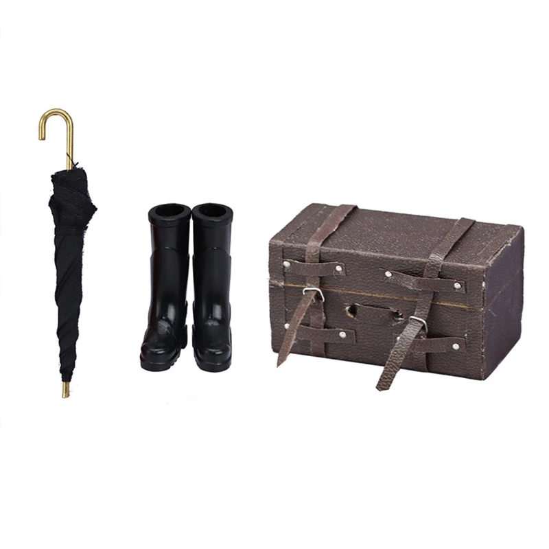

1:12 Miniature Travel Set Umbrella Rain Boot Suitcase Model Dollhouse Furniture Realistic Utensil Girls Gift DIY Kits