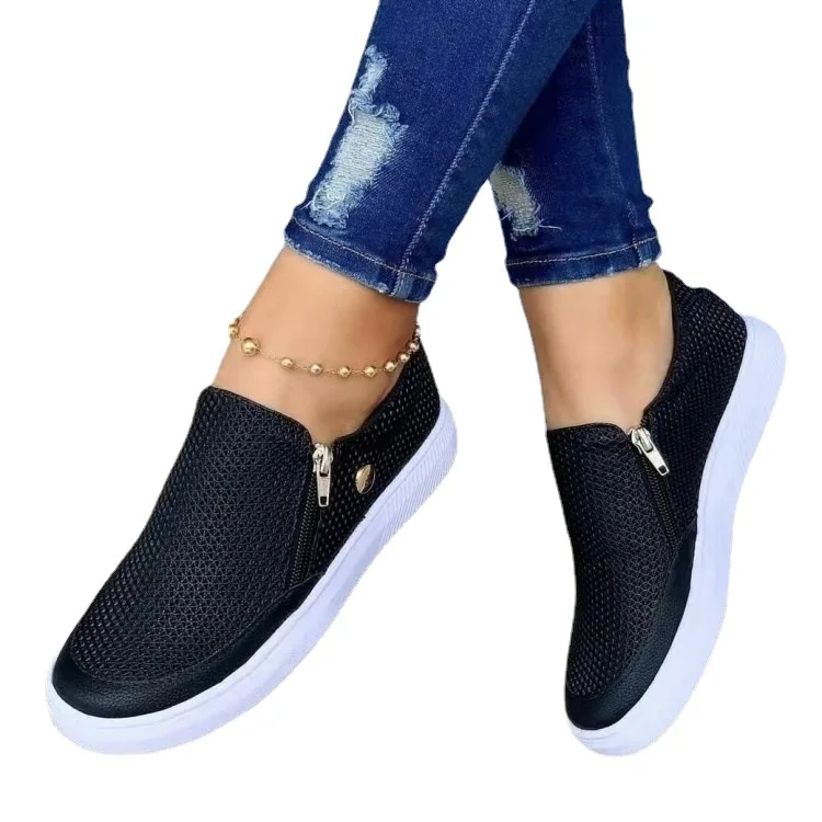 Large Size Women's Shoes 2022 Spring and Summer New Fashion Casual Mesh Zipper Flat Heel Round Toe Women's Flat Casual Shoes 43