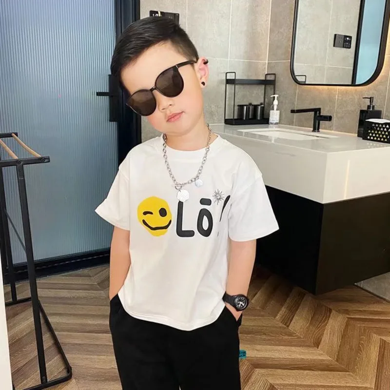 Children's Round Neck New Temperament Summer T-shirt Five-point Sleeve Simple Trend All-match Korean Style Children's Clothing