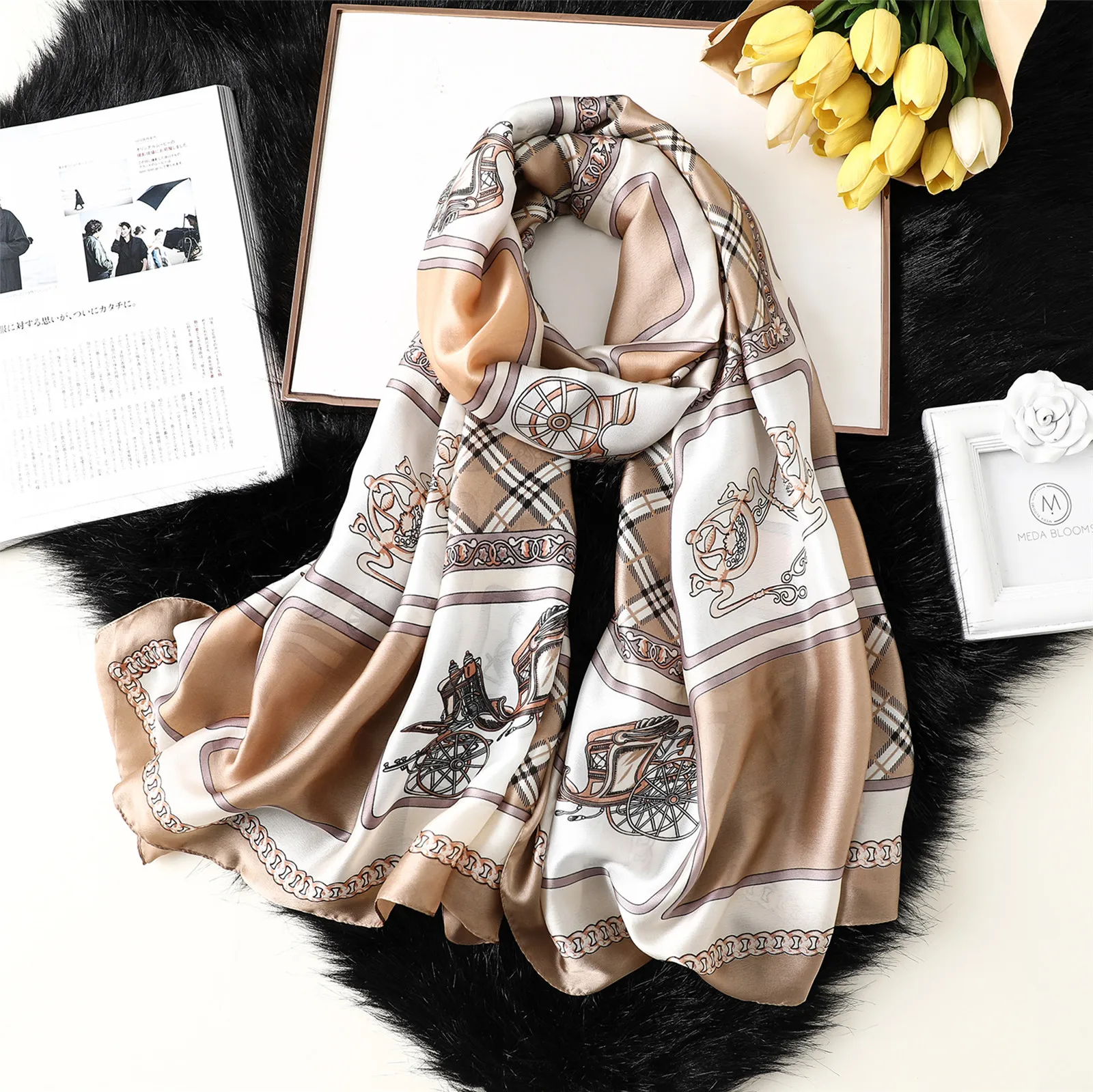 New Silk Satin Sunscreen Silk Scarf Women's New Four Seasons Carriage Chain Printed Shawl Silk Beach Scarf