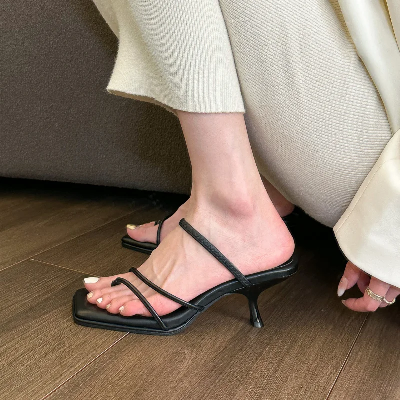 Summer Women Slipper Fashion Narrow Band Square Toe Ladies Elegnat Thin High Heel Slides Female Dress Outdoor Sandalias