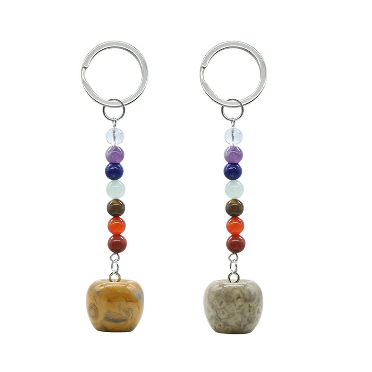 

2PCS Crazy Agate Apple Pendant Keychain Healing Crystals Tumbled Stone Keyring for Couple Best Friend Family
