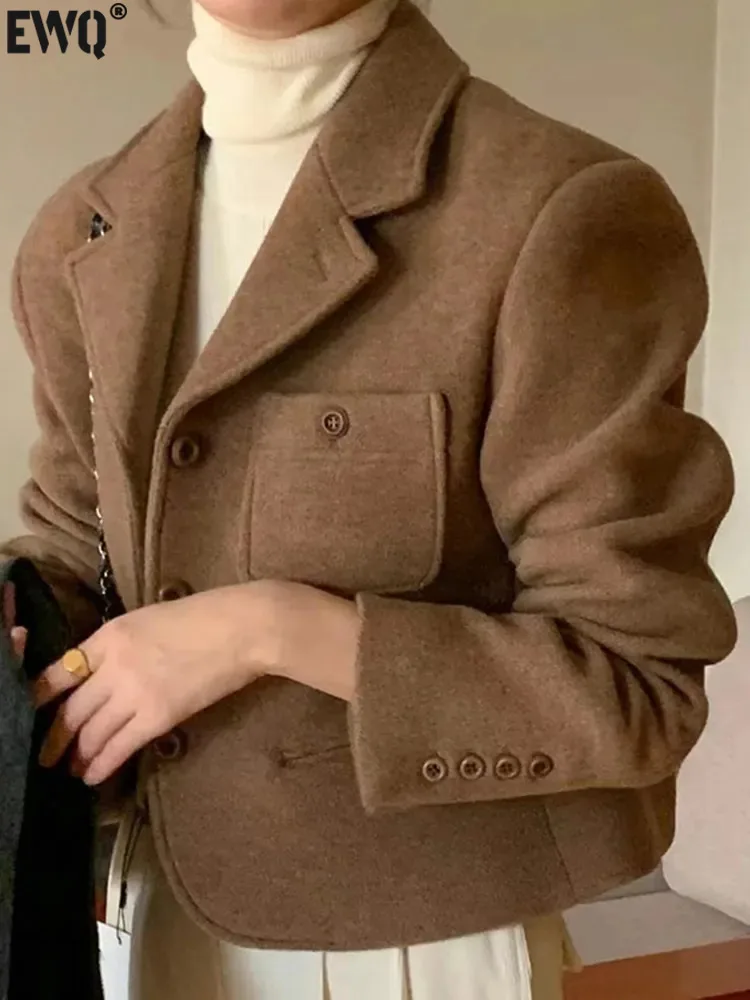

Женское шерстяное пальто [EWQ], Корейский пиджак кофейного цвета с отложным воротником, однобортный Блейзер, Повседневная Свободная куртка из смешанной шерсти для осени и зимы