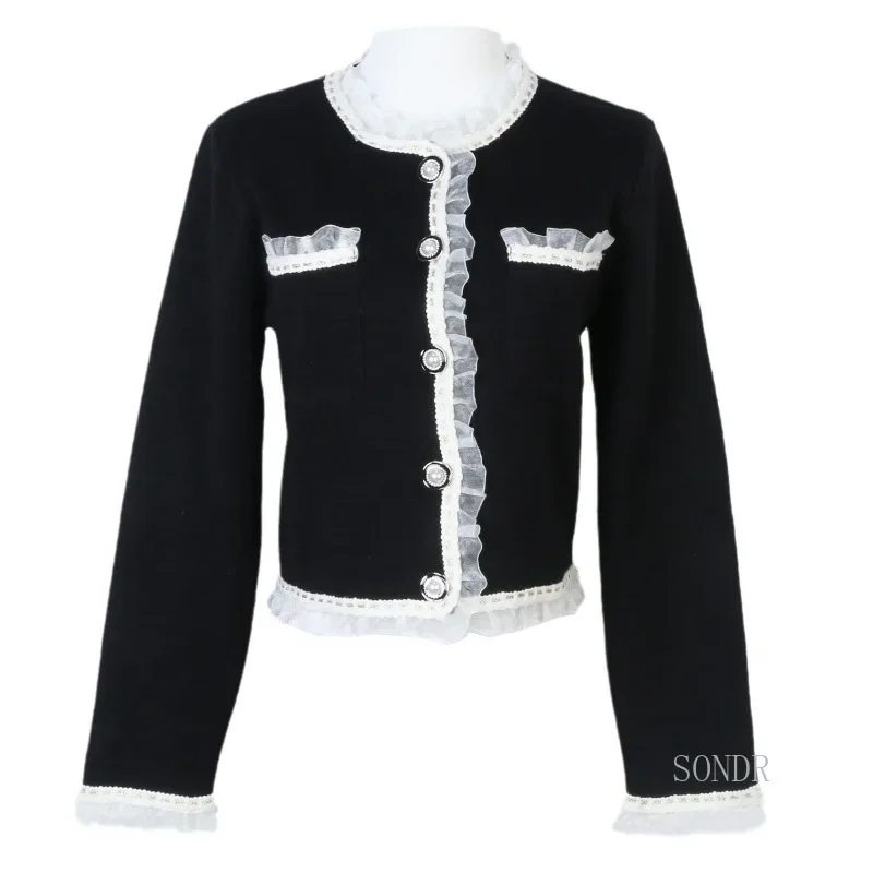 Высокомодный черный кардиган с кружевной отделкой 2024 осень-зима укороченный