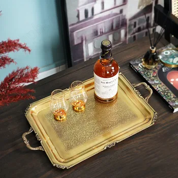 Brass Carved Handle Trays Decorative European Classical Luxurious Large Tea Cup Wine Set Coffee Table Tray Home Decoration