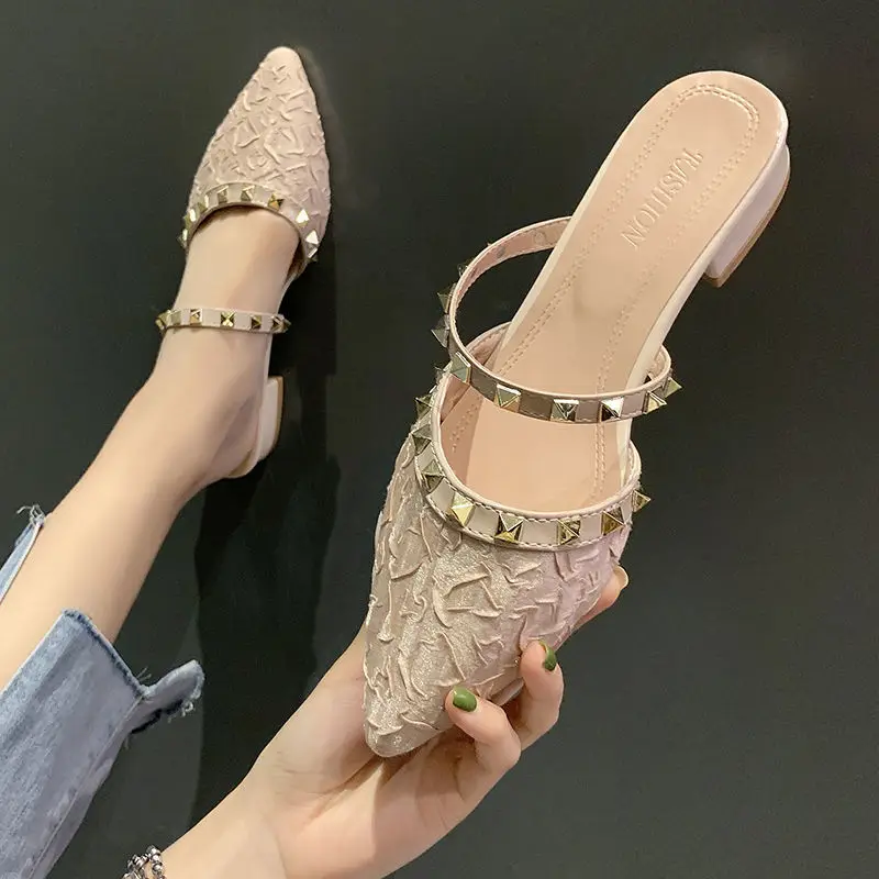

Women Pointed Rivet Chunky Heel Sandals Mules Stiletto Toe Slippers Rivet Cross Strap Female Sandals 2023 New Platform Sandals