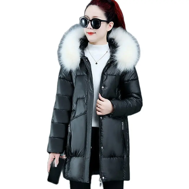 

Women's Cotton-padded Clothes Korean Version Of the Shiny Fur Collar Mid-length Loose Fashion Down Jacket Cotton JacketLady