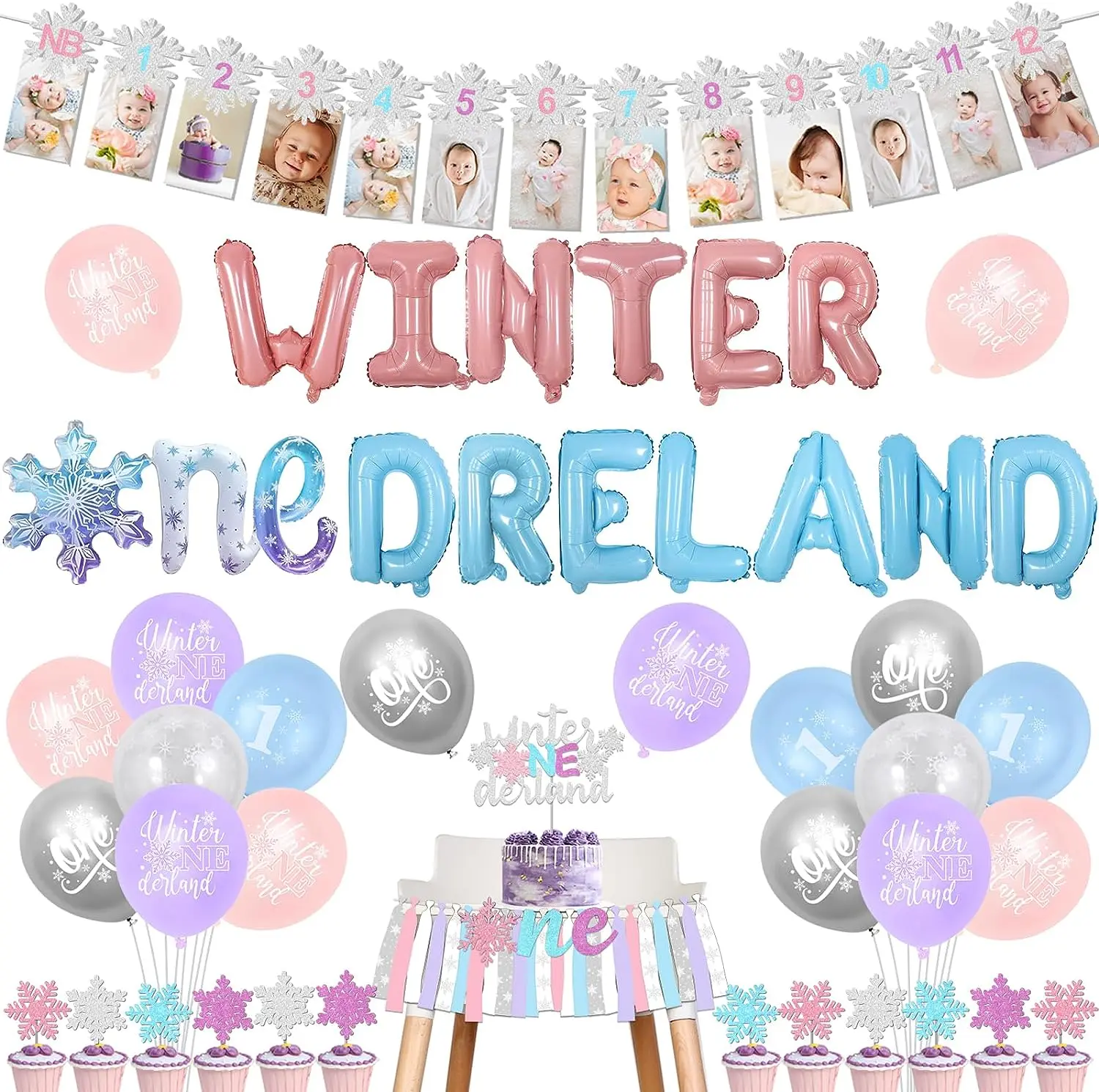 

Winter Onederland 1st Birthday Party Decorations Girl Pink Blue Snowflake First Birthday Supplies with Highchair Banner 1 Year