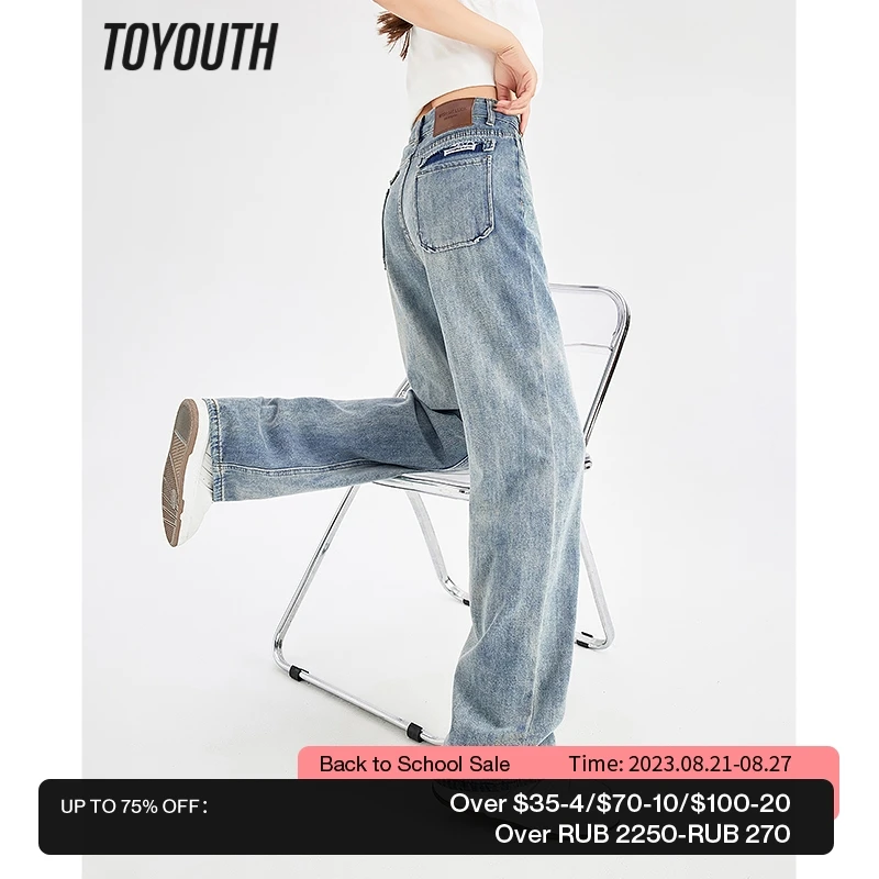 

Toyouth Women Jeans 2023 Summer High Waist Straight Loose Wide Leg Pants Fashion Trendy Retro Blue Trousers