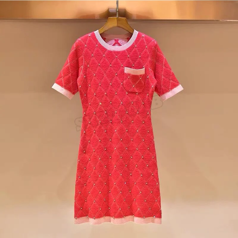 

2022 Spring And Summer Fashion New Diamond Check Knit Mini Skirt Slim Fitting Retro Short Sleeve Fitted Dress