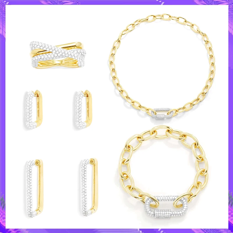 

Yumm June New 925Sterling Silver Zircon Geometric Iron Chain Buckle Necklace Bracelet Earrings Cross Ring Simple Fashion Jewelry