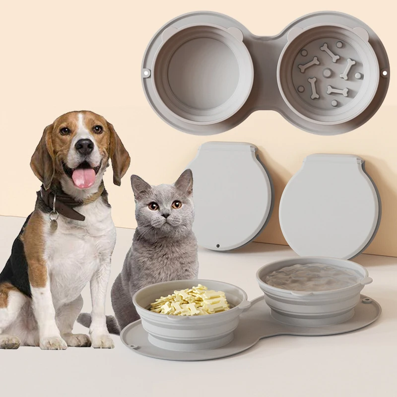 

Silicone Foldable Slow Feeder Dog Bowl travel Outdoor Pet Food Container Portable Double Food Drinking Bowl for Small Large Dogs
