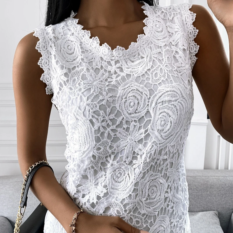 

New Summer Women Lace Floral T-Shirt Solid White Slim Casual Vest Tops Female Elegant Clothing Ladies Y2k Tops Large Size S-5XL