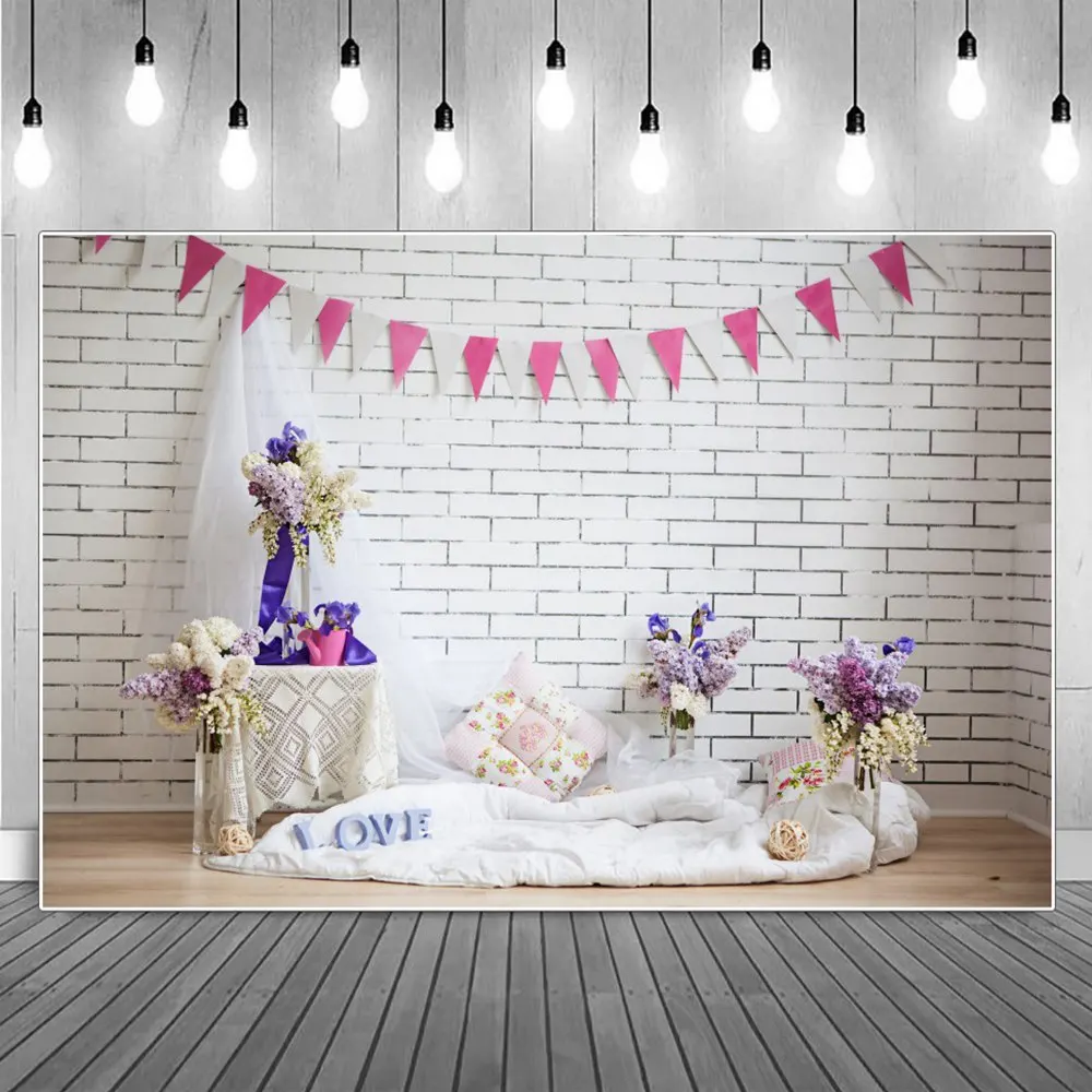 

White Brick Wooden Floor Photography Backgrounds Newborn Baby 1st Birthday Flowers Party Backdrops Photographic Portrait Props