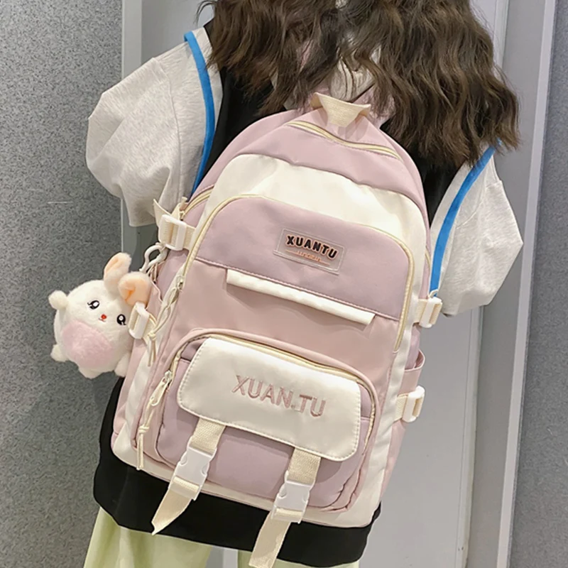 

EST New Waterproof Nylon Patchwork Kwaii Girls Schoolbag Female Paneled Letters School Backpack Pupil Student Bolsa Mochila Bags