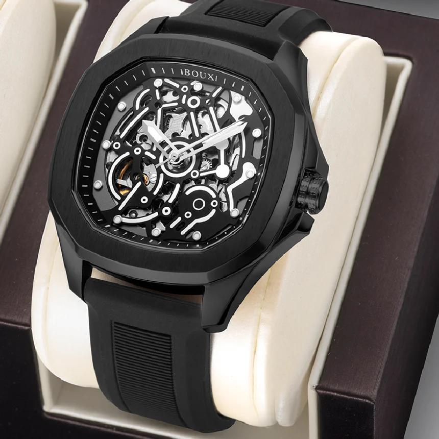 

BOUX Super Skeleton Men Automatic Mechanical Watch Luminous Hands Silicone Strap 1963 Seagull Movement Military Wristwatches
