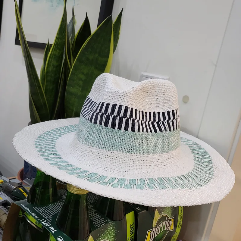 

202306-pan-striped ins dropshipping Britain summer paper grass striped weave fedoras cap men women leisure panama jazz hat