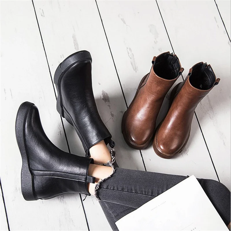 

New High quality women's PU leather boots, flat bottom autumn and winter boots, vintage, fashionable, plush, warm, casual