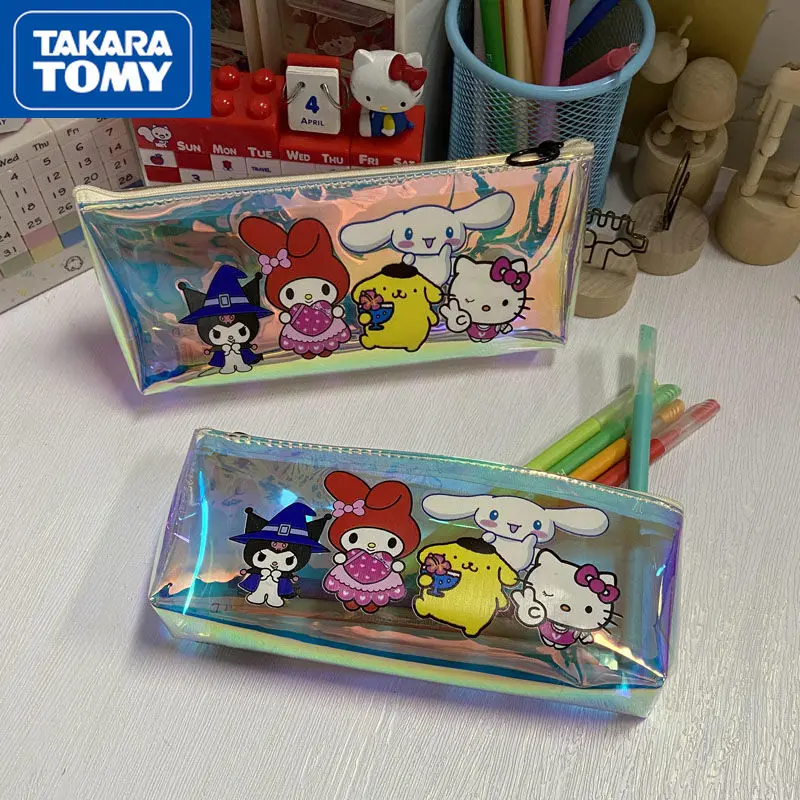 

TAKARA TOMY Cute Hello Kitty Stationery Cartoon Large Transparent Pencil Case Optical Maser Pencil Case Student Kawaii Gift
