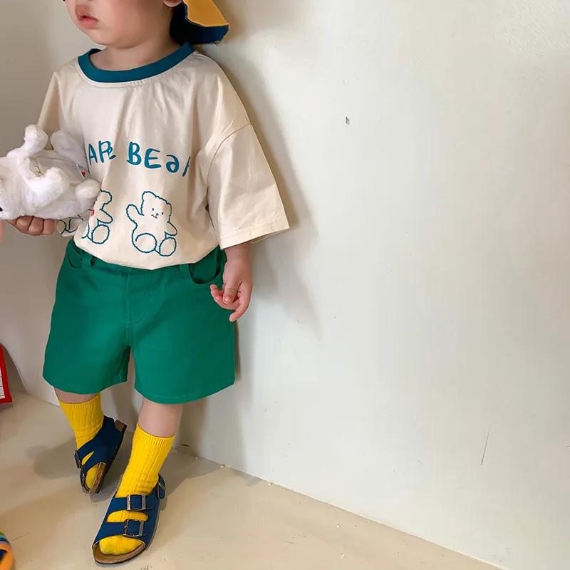 2022 New Summer Children Short Sleeve T Shirt Cotton Boys Bear Print T Shirts Fashion Girls Cartoon Tee Cotton Kids Tops Clothes