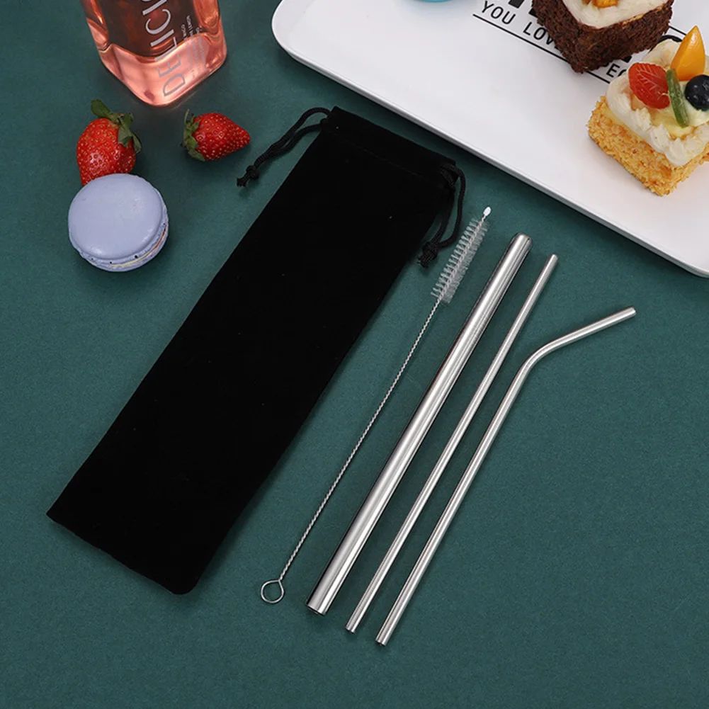 Reusable Drinking Straw 304 Stainless Steel Straws Straight Bent Metal Straw with Cleaner Brush Bag Set Bar for Bar Accessories