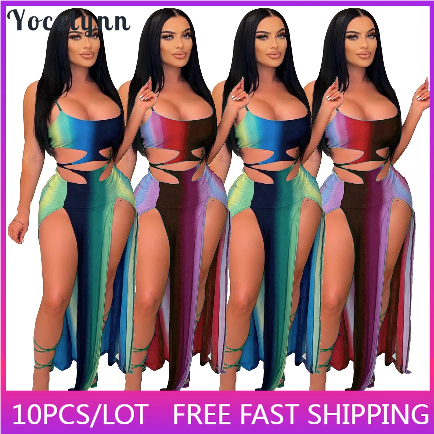 

10PCS Wholesale Items for Women Clothing Summer Backless Midi Dress Spaghetti Strap Tie Dye High Split Long Dress Club Outfits