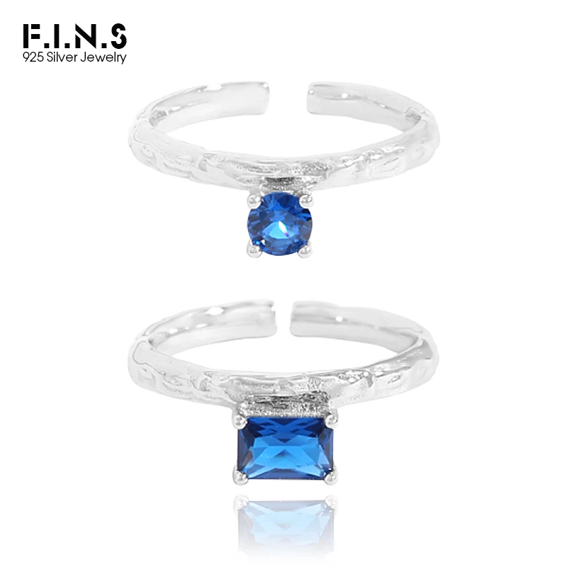 

F.I.N.S Luxury Uneven Blue Zircon 925 Sterling Silver Ring Stackable Crystal Wedding 925 Silver Index Mid Finger Ring Fine Jewel