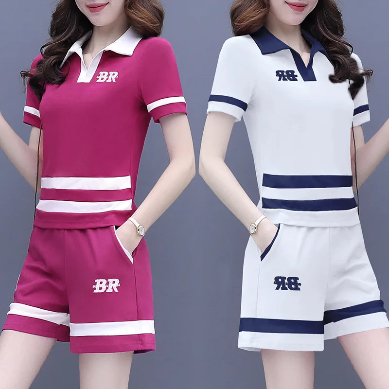 

2023 Fashion Leisure Sports Set Women's Summer Fashion New POLO Neck Top Short Sleeve Slim Shorts Two Piece Set Trend
