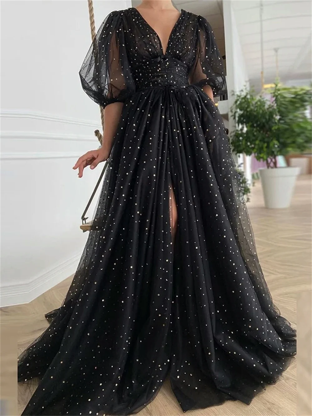 

Black Starry Tulle Prom Dresses Half Puff Sleeves Wedding Party Dresses Pleats Split Sweep Train Long Evening Gowns Belt