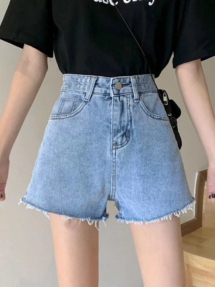 Streetwear Women High Waist Wide Leg Raw Hem Blue Denim Shorts Spring Summer Female Loose Jeans Shorts Bottoms