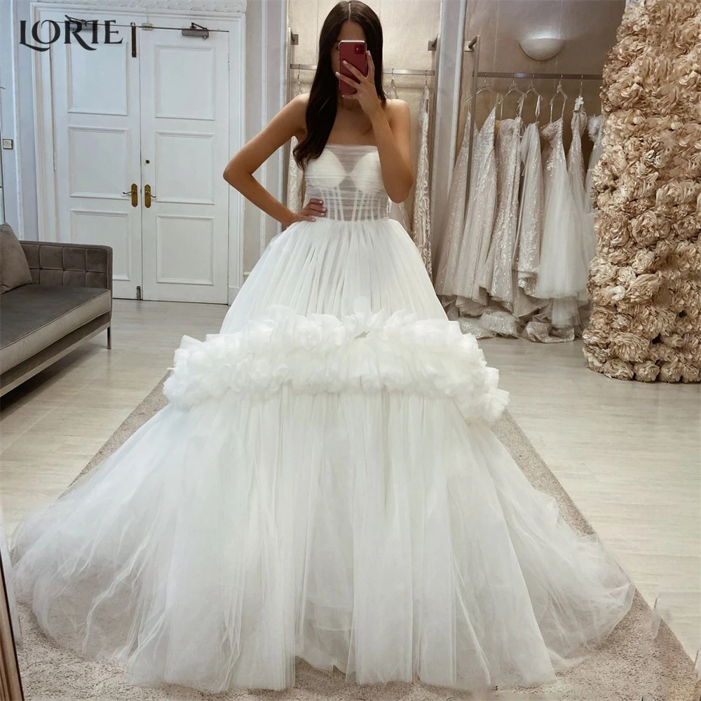 

LORIE винтажные свадебные платья принцессы с открытыми плечами А-силуэт плиссированные тюлевые Свадебные платья с рюшами Пышное Платье для к...
