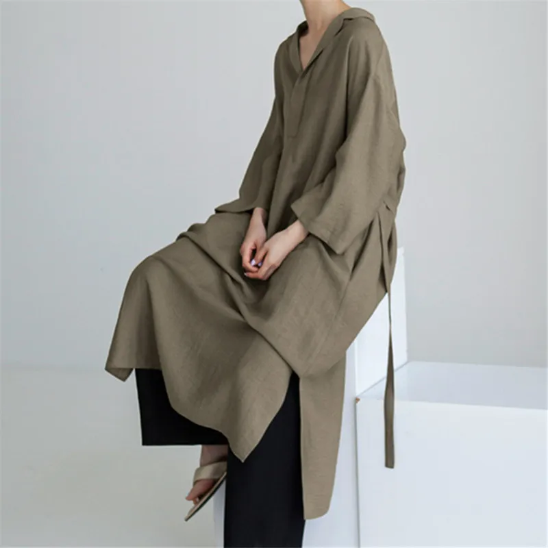 

Muslim Women Irregular Cotton And Linen Shirt Dress Female Summer Three Quarter Sleeve Plus Size Belted Dresses With Pocket