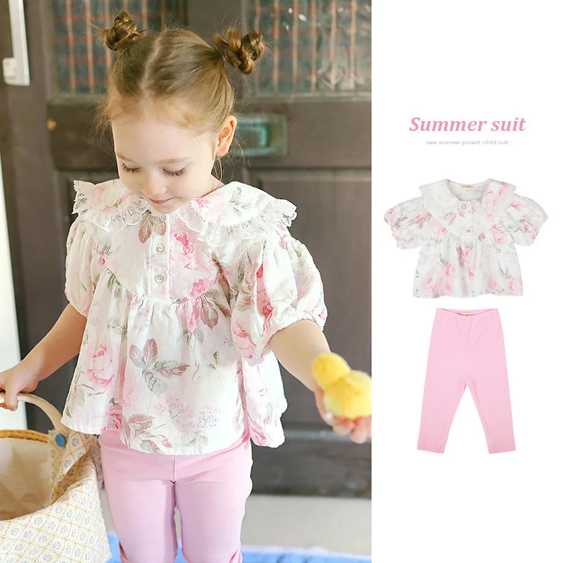 

Kibounu 2022 summer new Rose Lace Lapel girls' bubble sleeve shirt sweet baby shirt summer girls' shirt