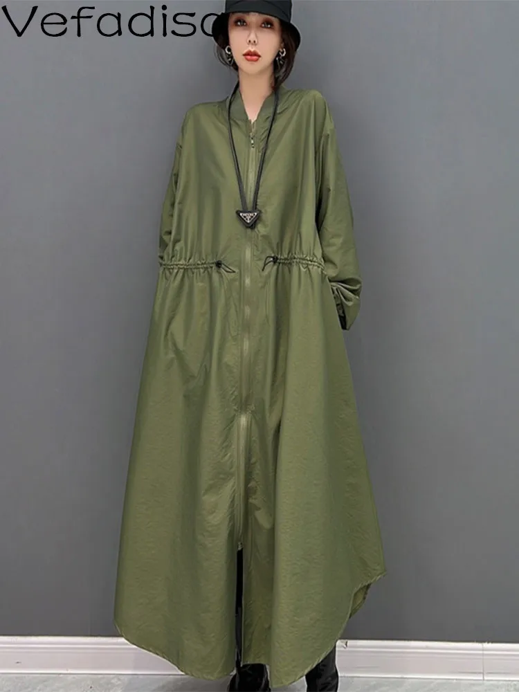 

Vefadisa Woman V-neck Trench Coat Loose Mid-length Solid Color Zipper Cardigan Elastic Waist Coat 2023 Spring Autumn LHX2740