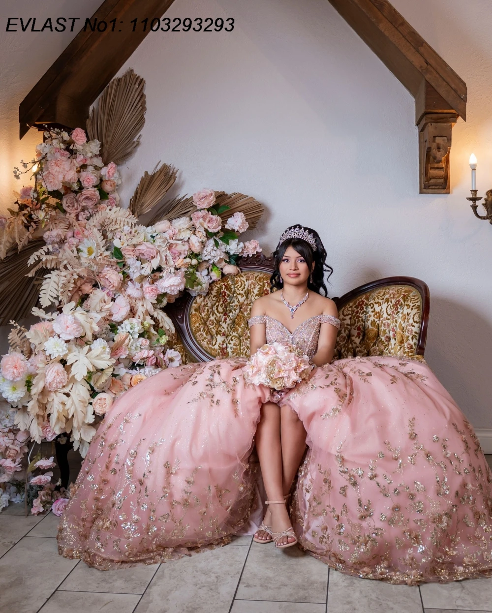 EVLAST индивидуальное мексиканское розовое платье Quinceanera бальное с золотой