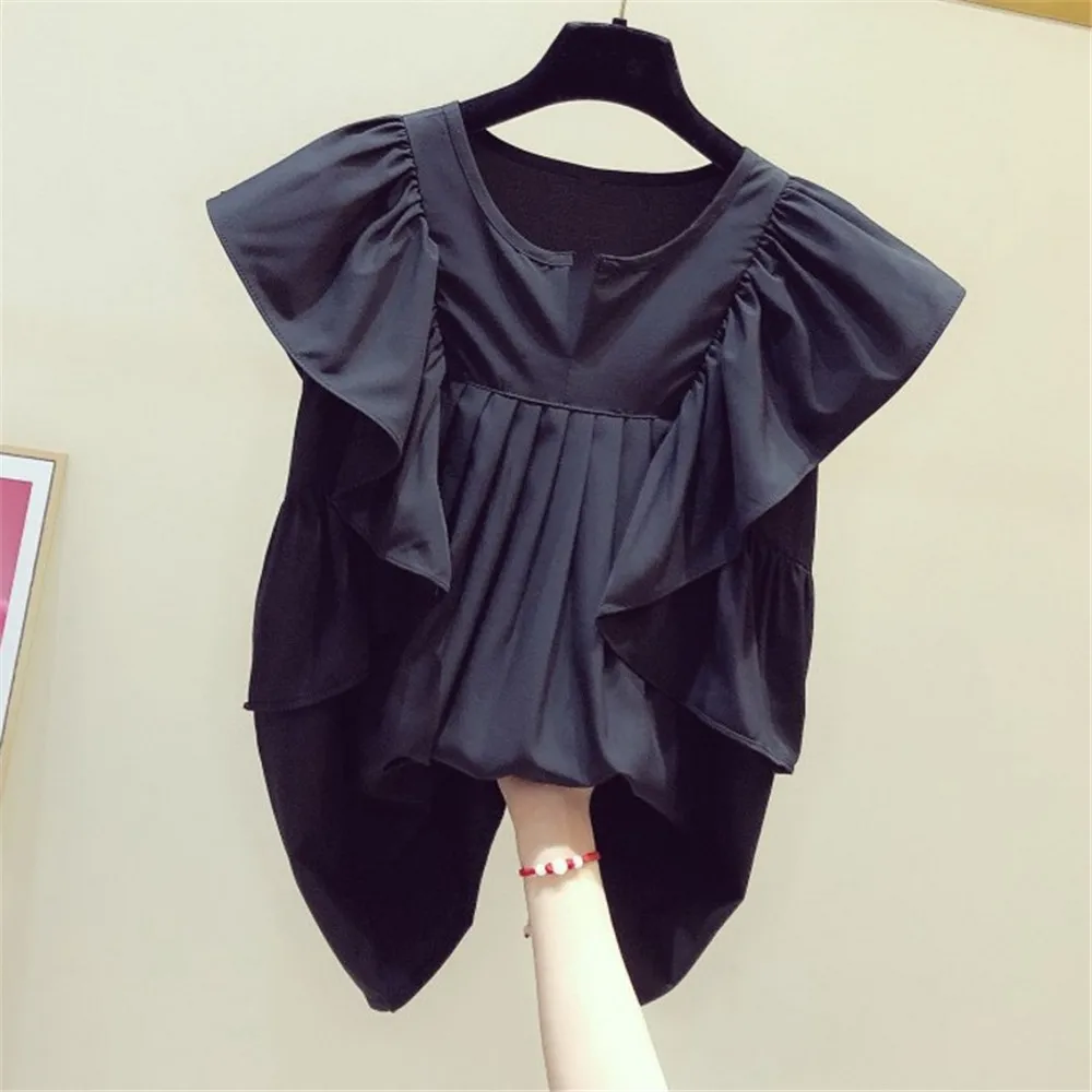 

Women Summer Ruffles Blouse Black Loose Casual Office Lady Simple Shirts Fashion Sweet Tops Korean Style Work Dating Streetwear