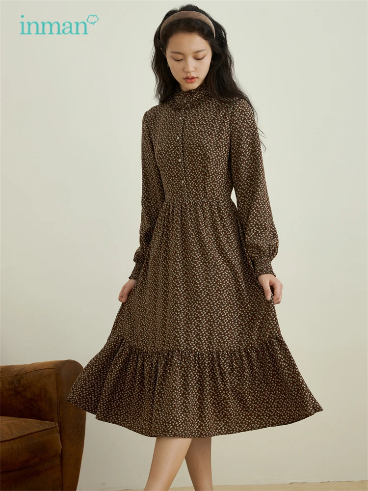 Женское платье INMAN весеннее винтажное для женщин с деревянными ушками стоячим