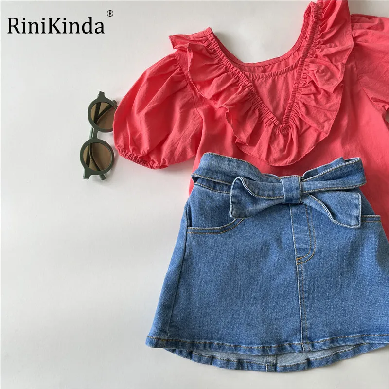 

RiniKinda Baby Clothes Set Summer Fashion Ruffled Fly Sleeves Tops Jeans Shirts For Girls Clothes Toddlers Kids Baby Outfits