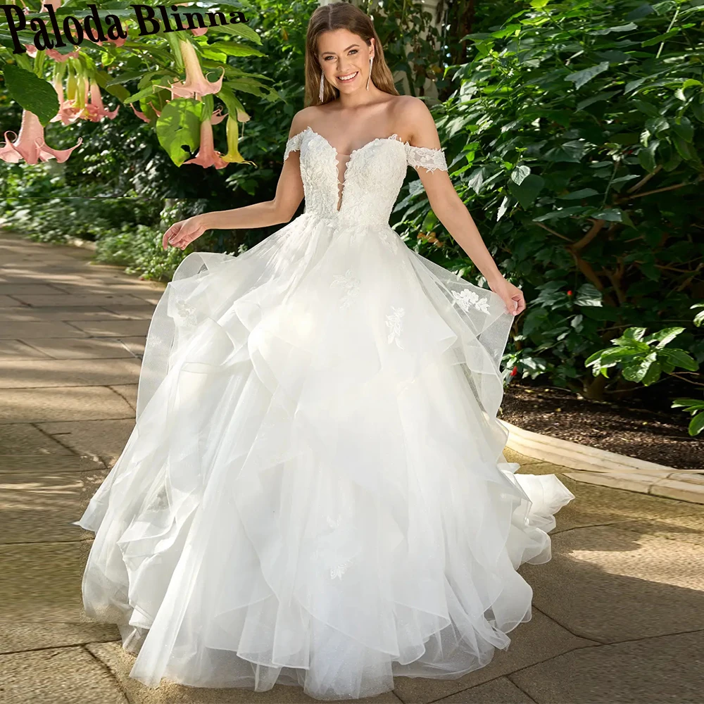 

Paloda Elegant Ruffles A-LINE Wedding Dresses 2023 Bride Off The Shoulder Backless Court Train Button V-Neck Tulle Short Sleeve