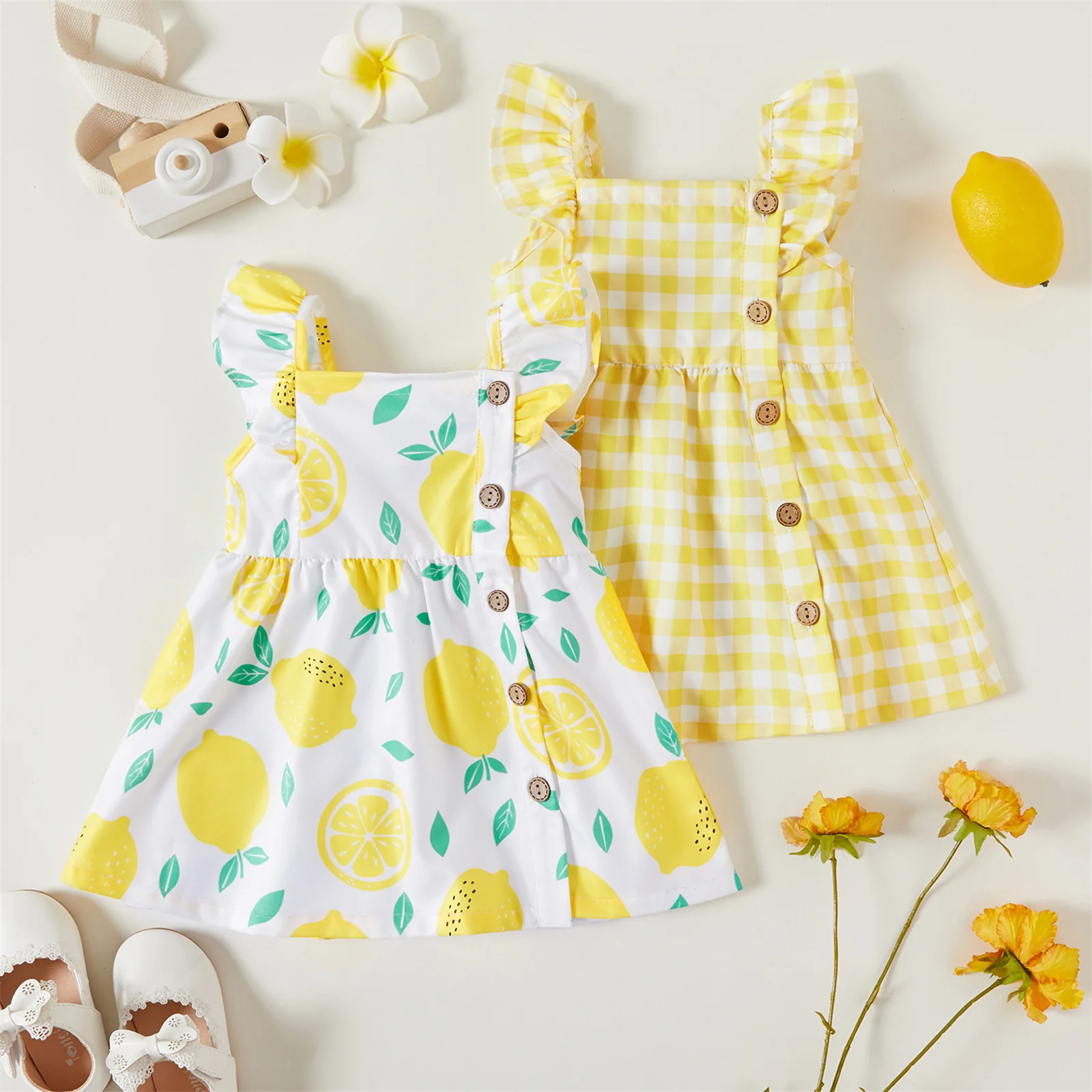 

PatPat Summer Lovely Newborn Baby Girl Designer Clothes 1pc Plaid&Lemon&Fruit Sweet Dress Cute Toddler Print Outfits For Kids