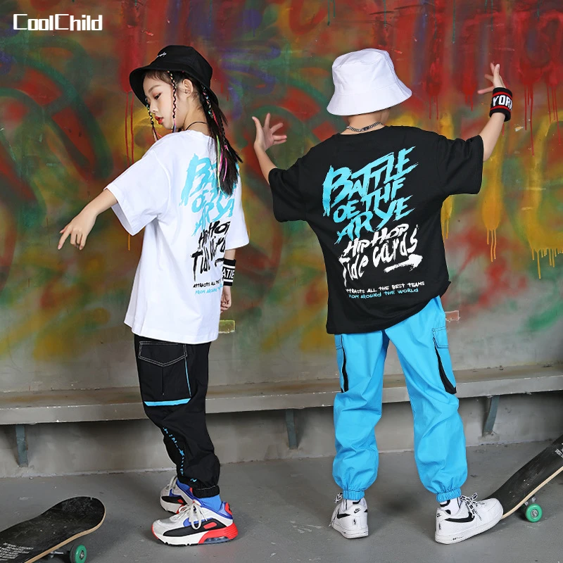 

Boys Hip Hop Loose T-shirt Joggers Girls Letters Top Street Dance Cargo Pants Kids Streetwear Child Jazz Costumes Clothes Sets