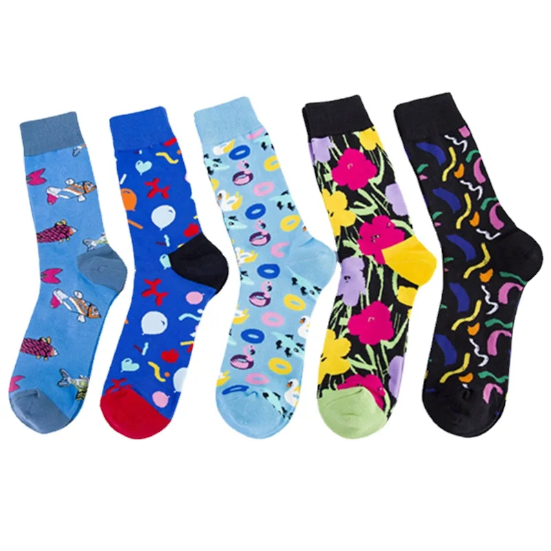 

10 Pairs/Lot Casual Men's Plus Size Colored Combed Cotton Happy Funny Socks Flower Creative Series Funny Socks Wholesale