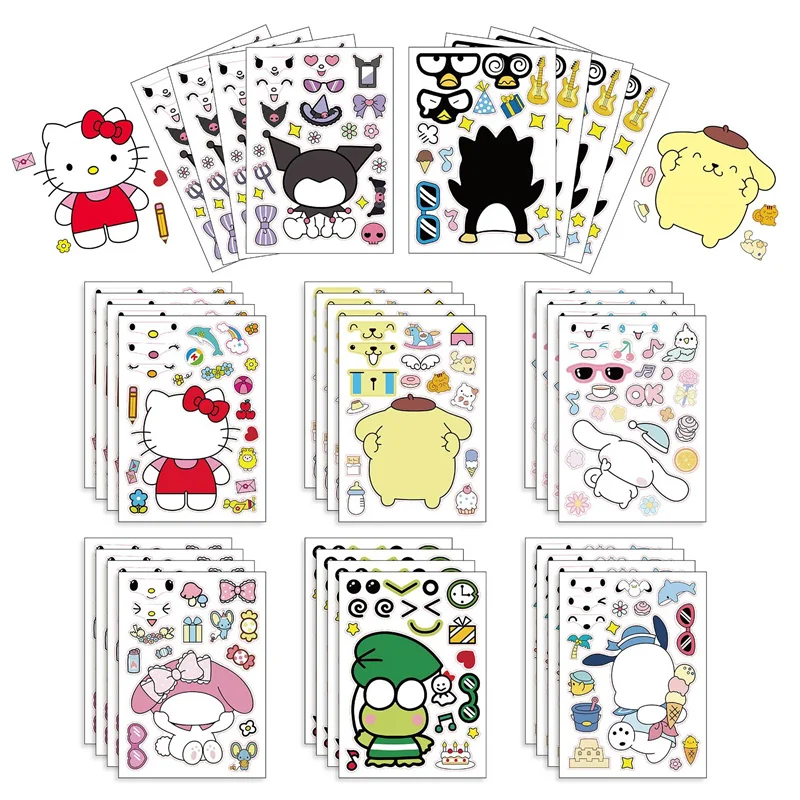 

8/16Sheets Sanrio HelloKitty Children Puzzle Stickers Make-a-Face Funny Assemble Jigsaw DIY Cartoon Sticker Kids Educational Toy